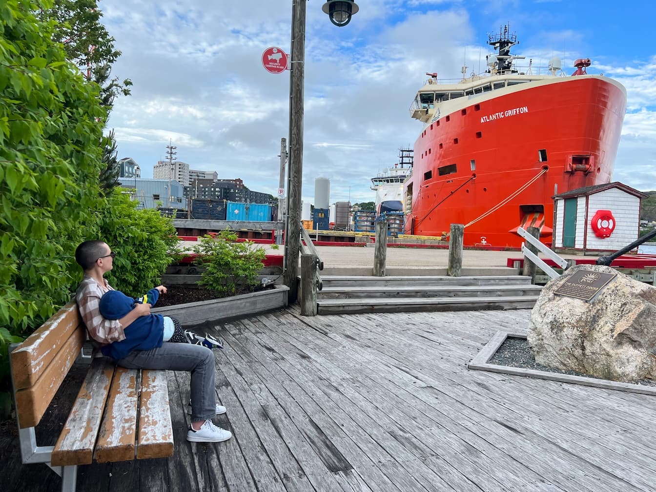 Baby O nursing in St. John's harbor